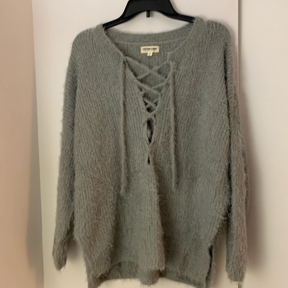 Cotton Candy Fuzzy Grey Lace Up Cozy Sweater - Picture 5 of 9